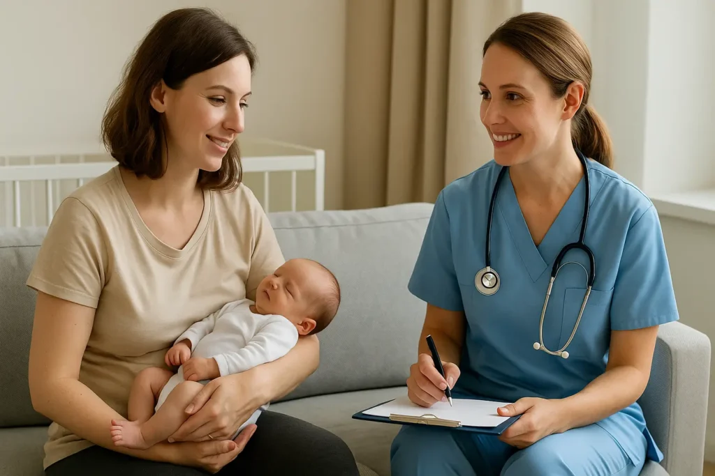 Opieka poporodowa nad mamą i noworodkiem – rola położnej środowiskowej w pierwszych sześciu tygodniach po porodzie.
